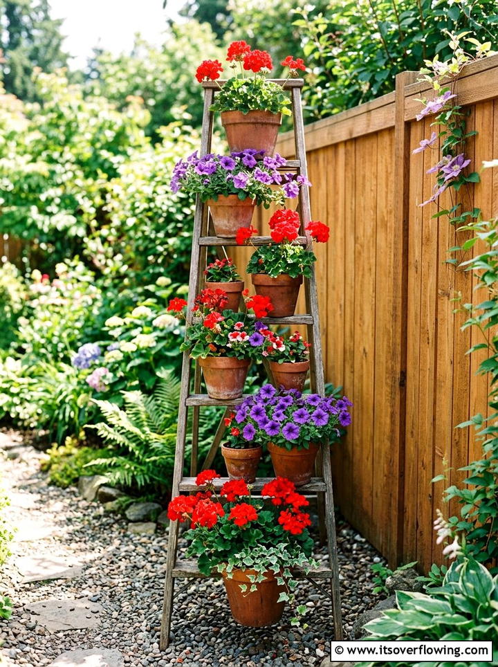 Vertical Flower Pot Display - 25 garden ideas with old ladders