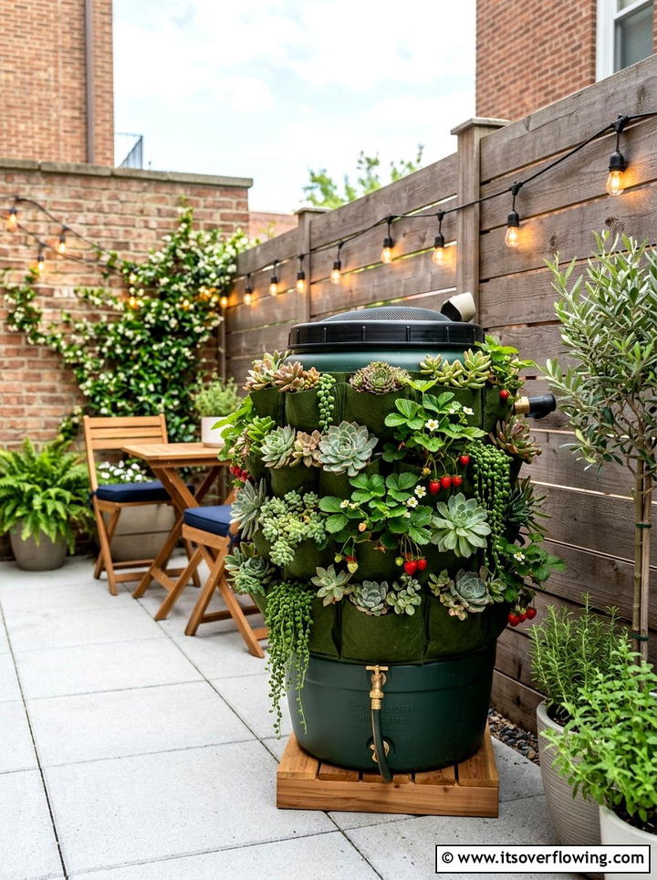 Vertical Garden Rain Barrel - 25 backyard ideas with rain barrel setup