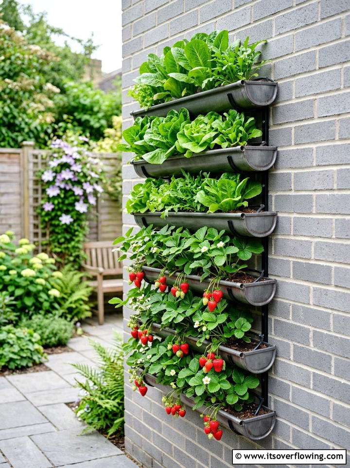 Vertical Gutter Wall Planter - 25 recycled garden ideas with gutter garden