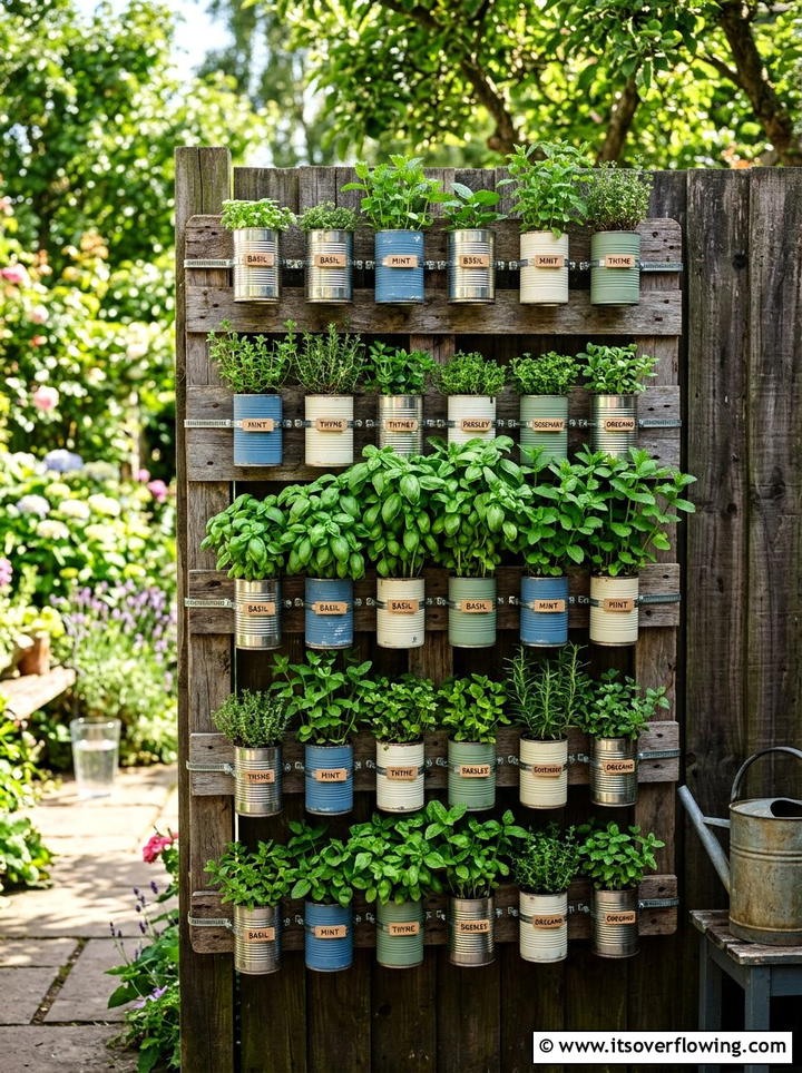Vertical Herb Wall - 25 upcycled garden ideas with tin cans