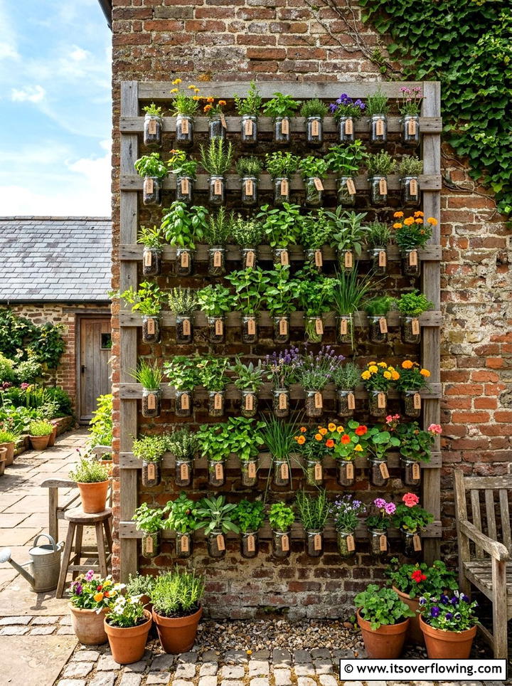 Vertical Mason Jar Garden - 25 upcycled garden ideas with mason jars