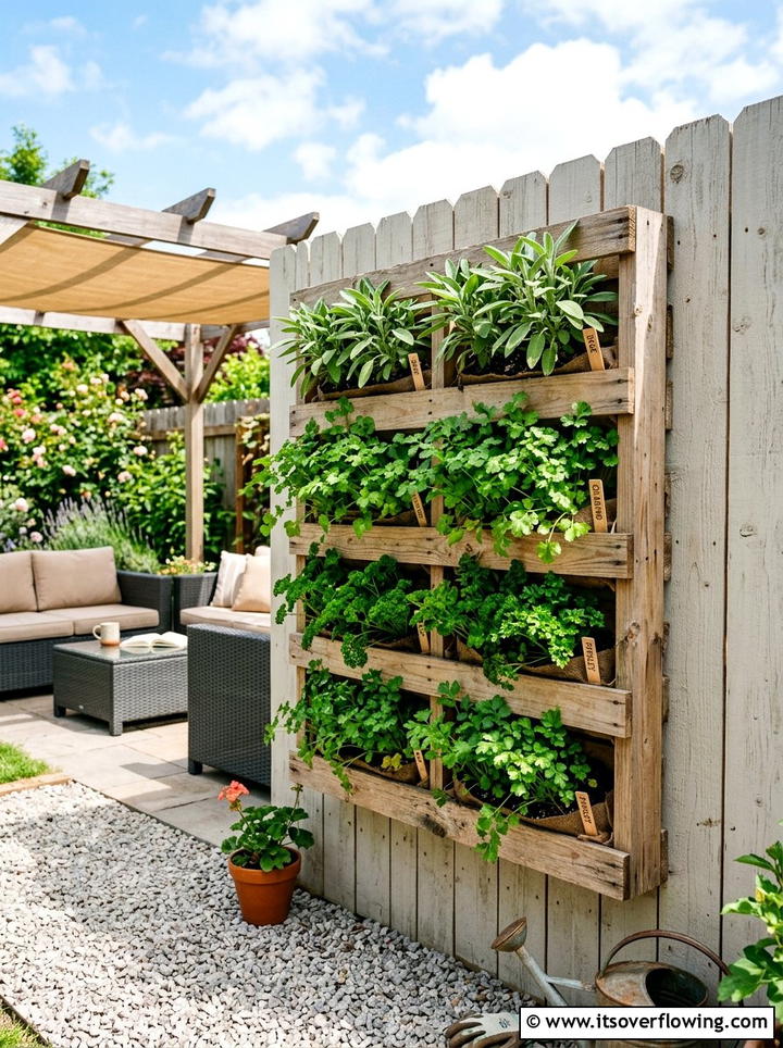 Vertical Pallet Planter - 25 upcycled garden ideas with herb planters