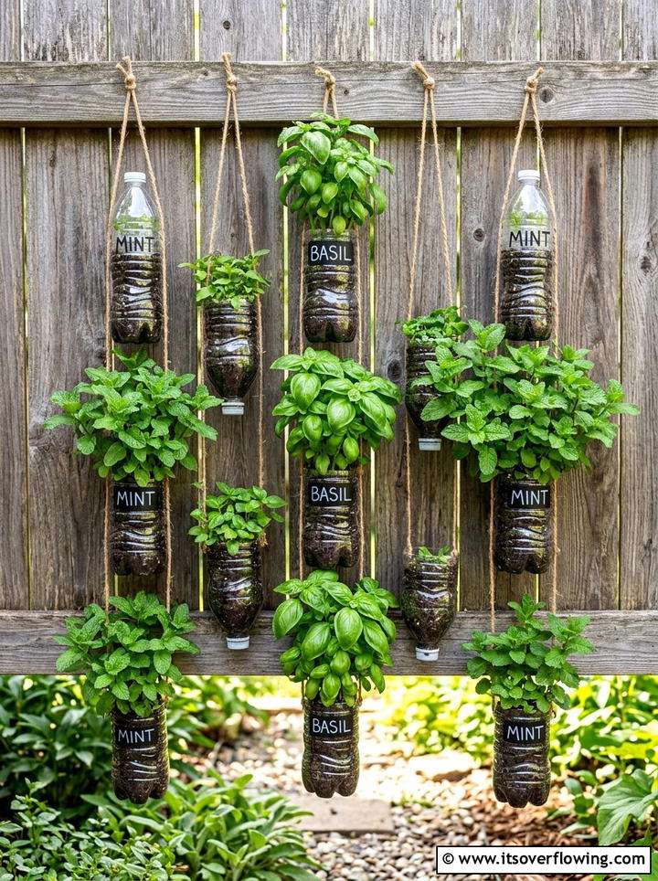 Vertical Plastic Bottle Herb Garden - 25 recycled garden ideas with hanging bottle planters