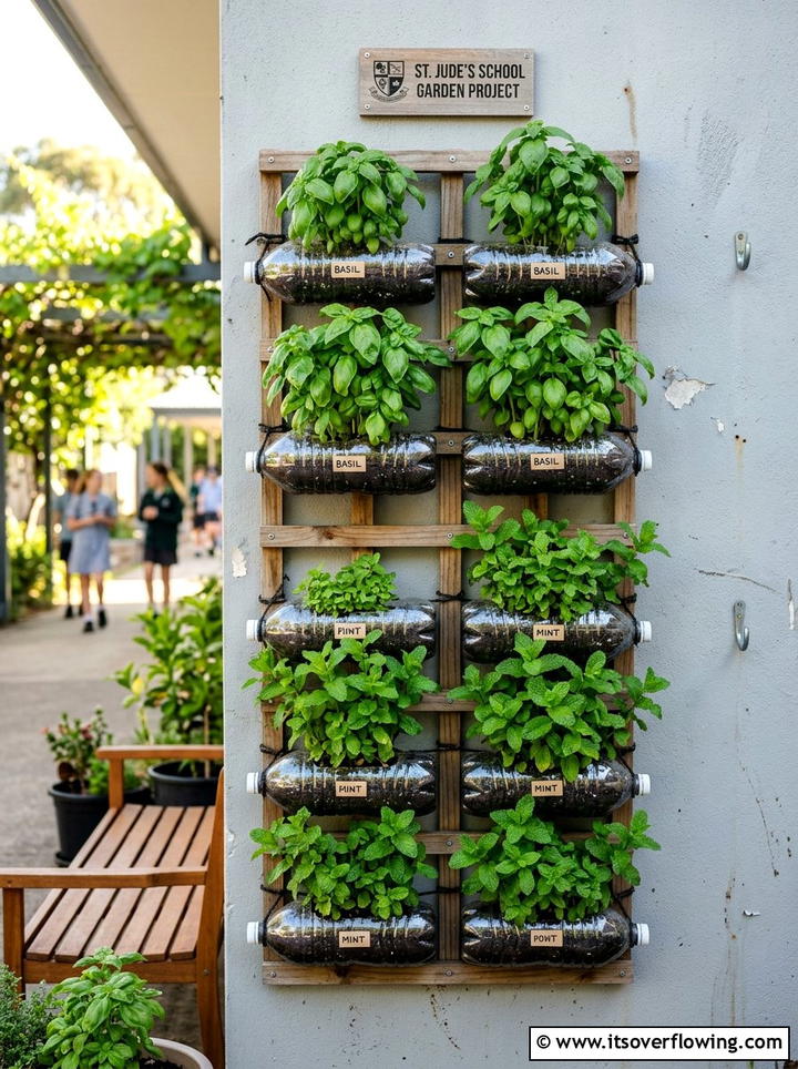 Vertical Plastic Bottle Planter - 25 upcycled garden ideas for schools