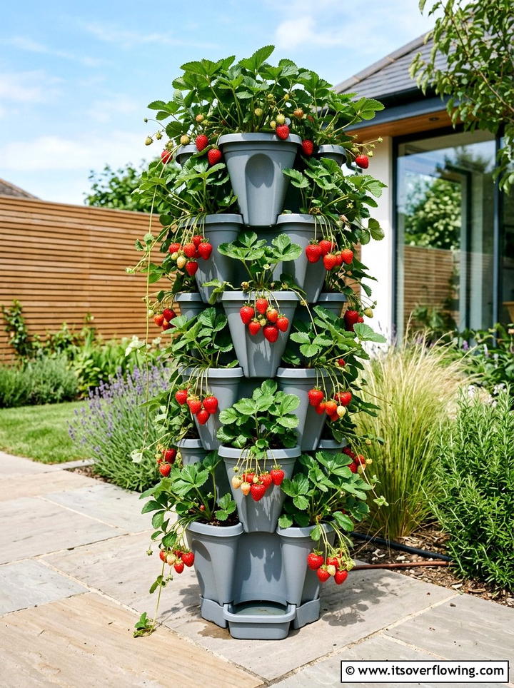 Vertical Strawberry Bucket Tower - 25 recycled garden ideas with buckets