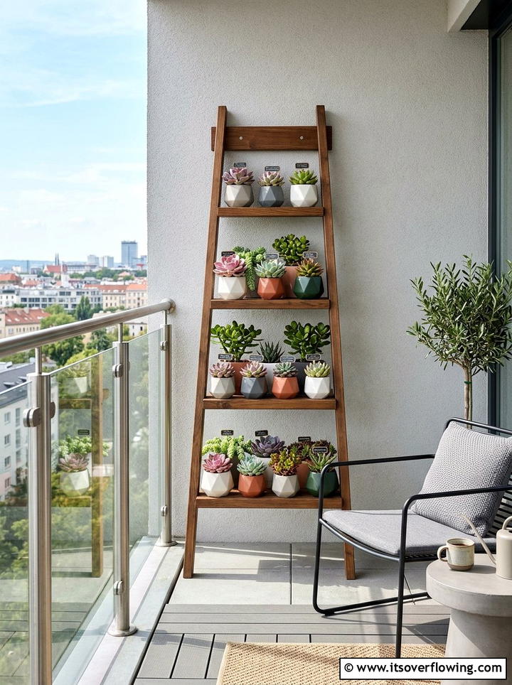 Vertical Succulent Ladder Display - 25 garden decor ideas with floral ladders
