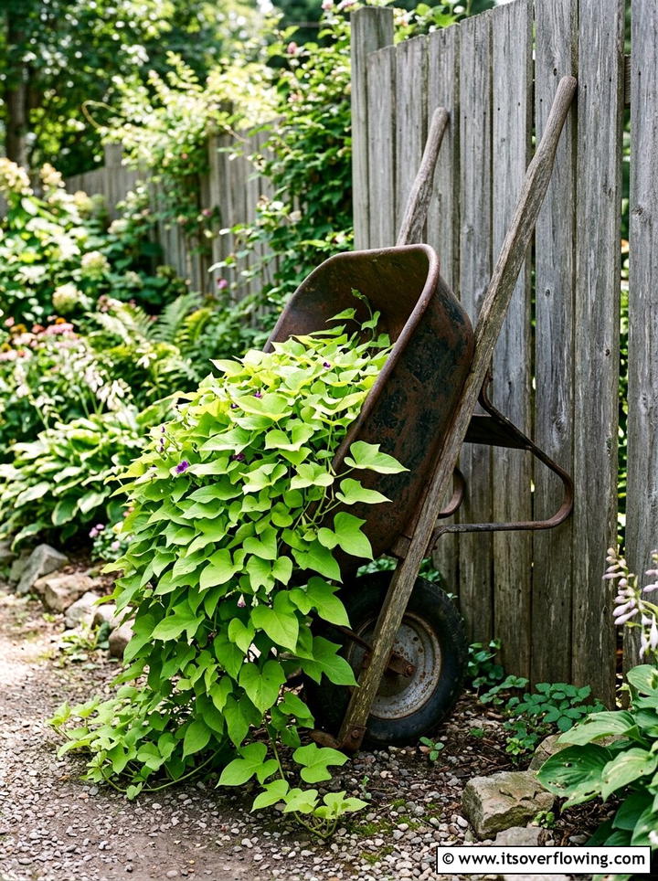 Vertical Tilted Wheelbarrow - 25 garden decor ideas with wheelbarrows