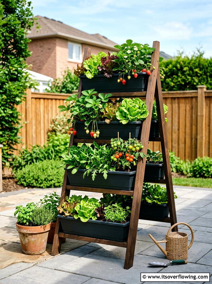 Vertical Vegetable Ladder - 25 garden decor ideas with ladder plant stands