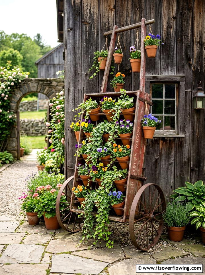 Vertical Wagon Garden Stand - 25 upcycled garden ideas with old wagons
