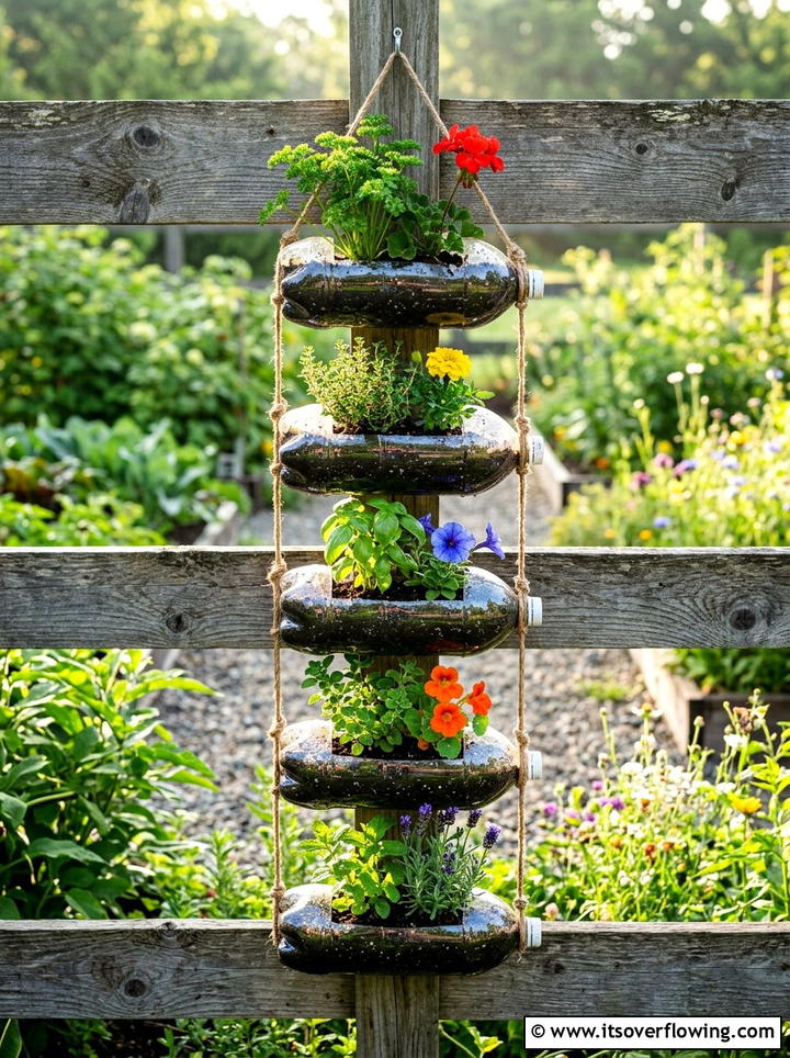 Vertical bottle planter - 25 recycled garden ideas for school projects