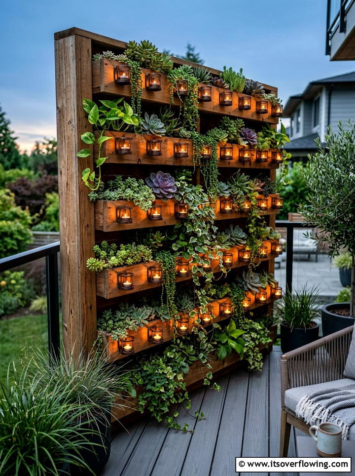 Vertical garden tea light wall - 25 garden decor ideas with tea lights