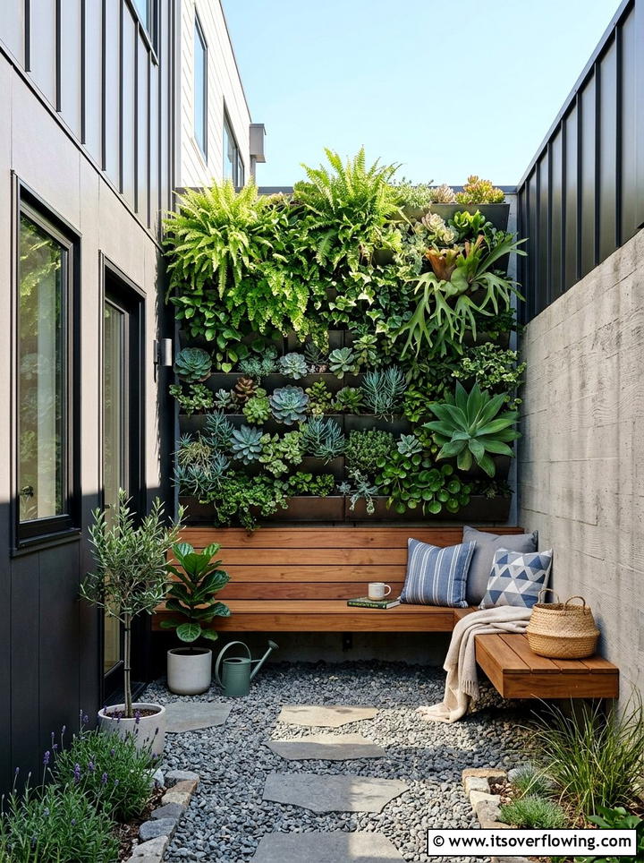 Vertical garden wall with wooden bench - 25 backyard ideas with benches