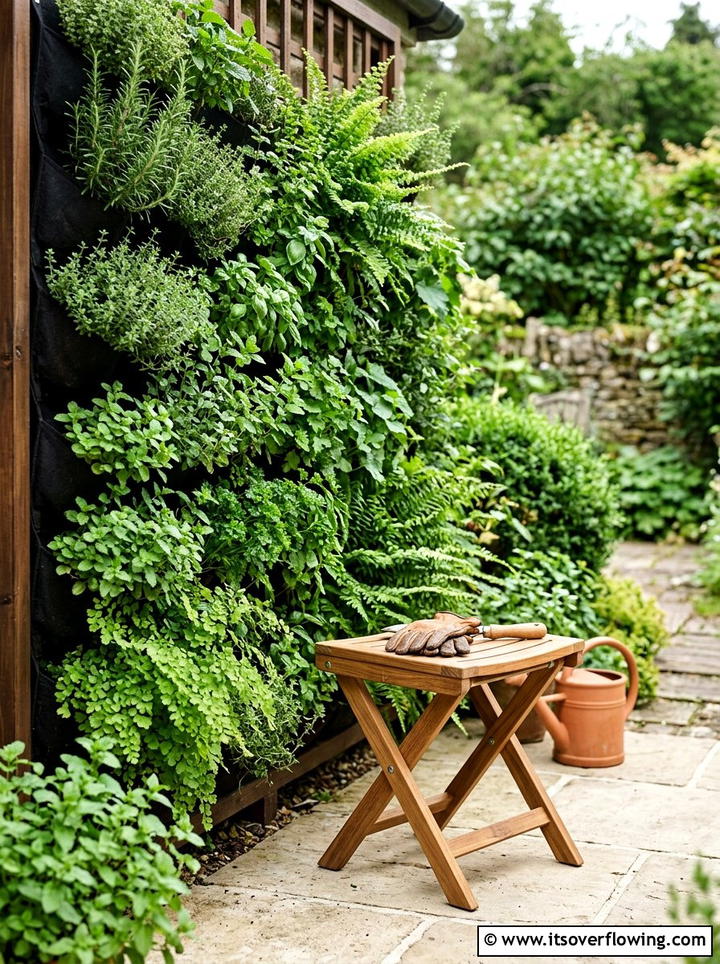 Vertical garden with folding stool - 25 small garden ideas with foldable seating