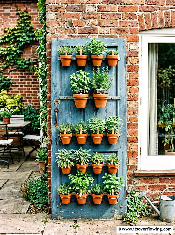 Vertical herb garden on old door - 25 garden decor ideas with old doors