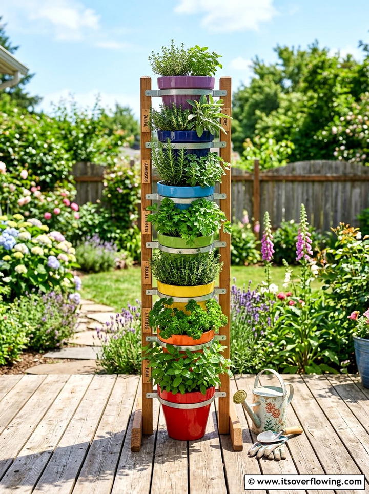 Vertical herb garden with rainbow tower - 25 creative garden ideas with painted planters