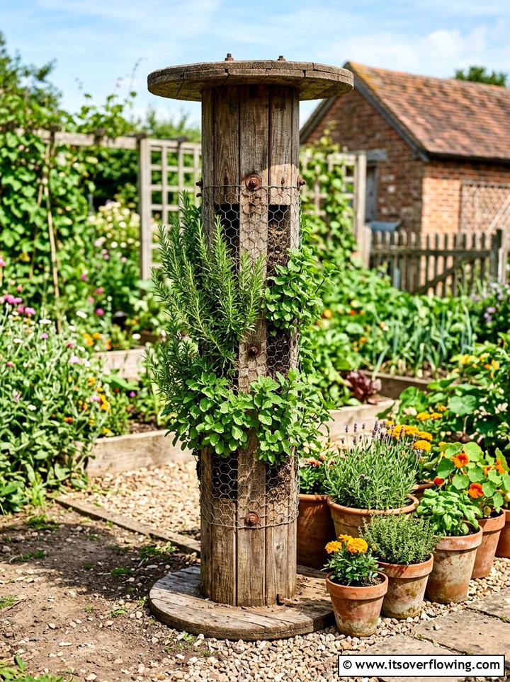 Vertical herb planter - 25 recycled garden ideas with cable spools