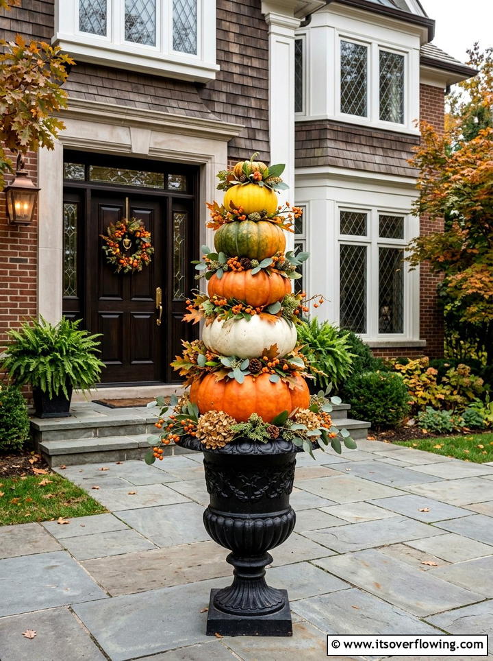 Vertical pumpkin topiary - 25 front porch decor ideas with real pumpkins