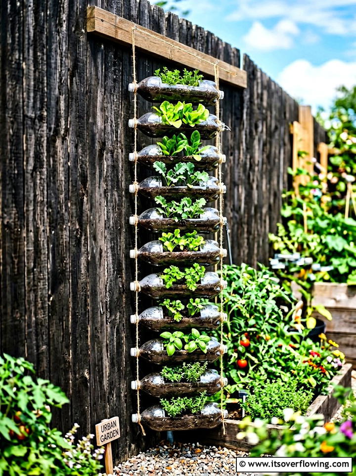 Vertical soda bottle garden - 25 upcycled garden ideas with kids projects