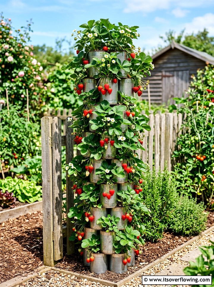 Vertical strawberry tower cans - 25 recycled garden ideas with aluminum cans