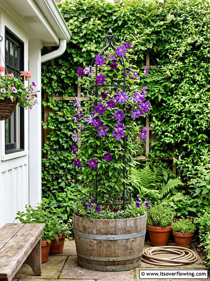 Vertical trellis barrel planter - 25 front porch ideas with barrel planters