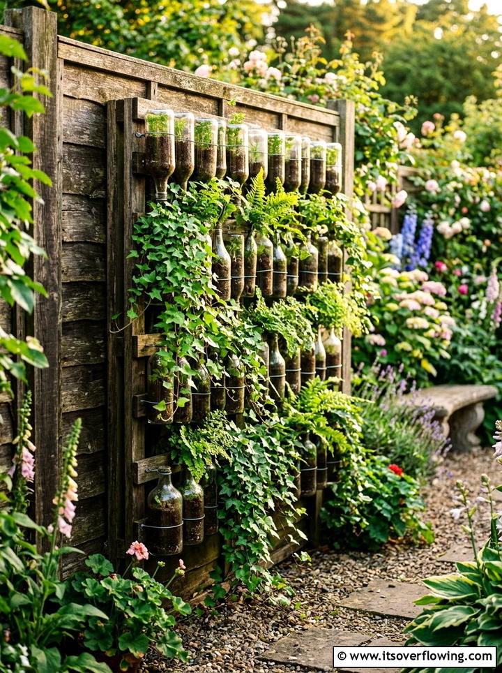 Vertical wall garden with glass bottles - 25 creative garden ideas with hanging bottle planters