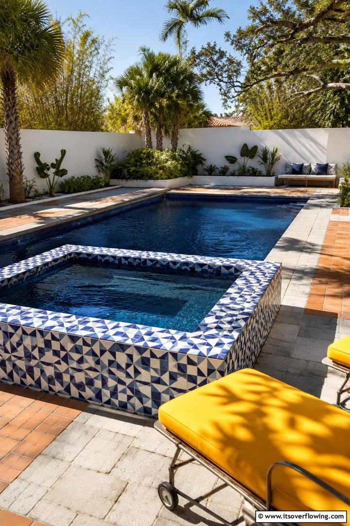 Vibrant Color and Texture Play - 30 Rectangle Pool With Hot Tub Designs for Luxury Backyards