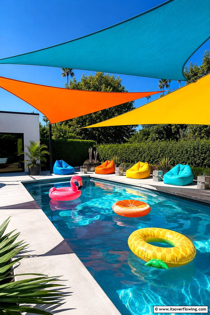 Vibrant Colorful Sails for Energetic Vibes - 30 Pool Shade Ideas for a Cool and Relaxing Oasis