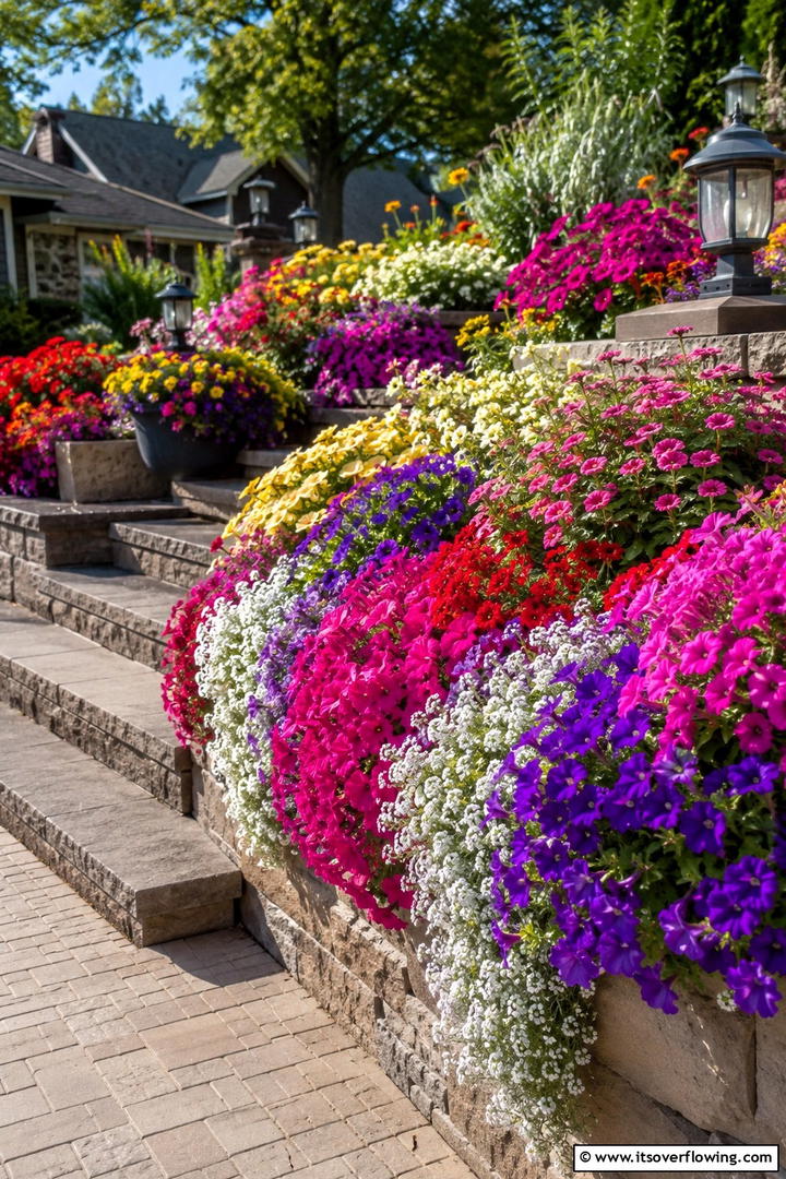 Vibrant Flower Cascade - 30 Tiered Garden Ideas for Sloped Yards and Visual Interest