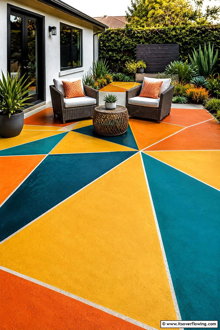 Vibrant Geometric Patterns - 30 Painted Concrete Patio Ideas for Colorful Outdoor Floors