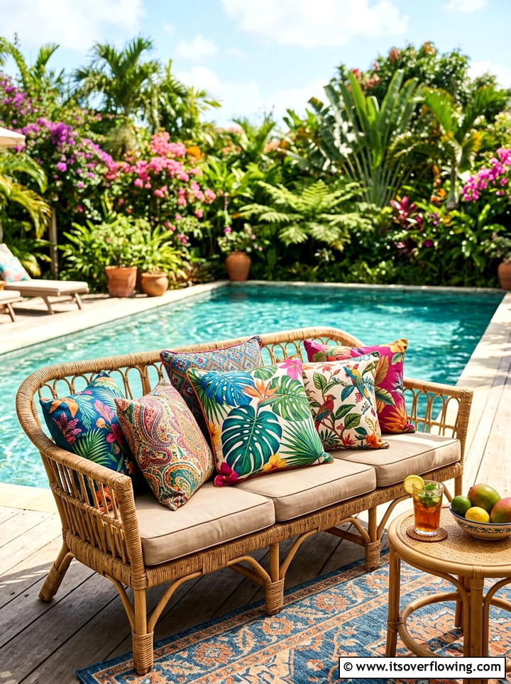 Vibrant Outdoor Cushions - 25 garden decor ideas for tropical gardens