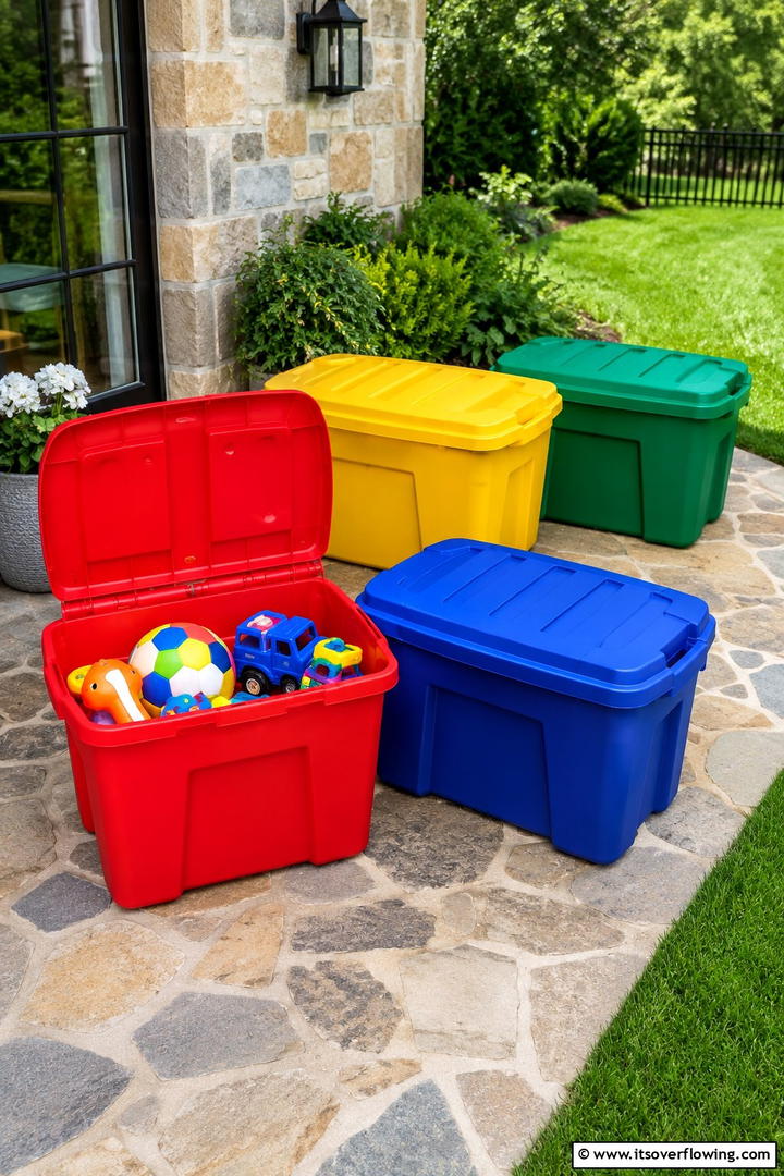 Vibrant Weatherproof Toy Bins - 30 Outdoor Toy Storage Ideas to Keep Your Yard Clutter-Free