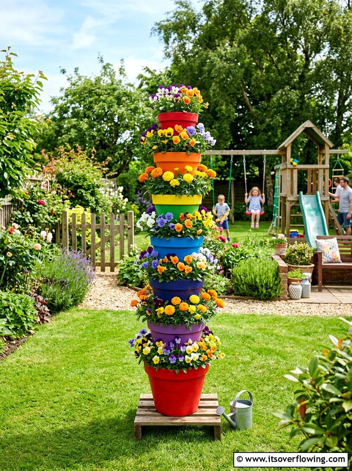 Vibrant family garden with rainbow pots - 25 creative garden ideas with painted planters