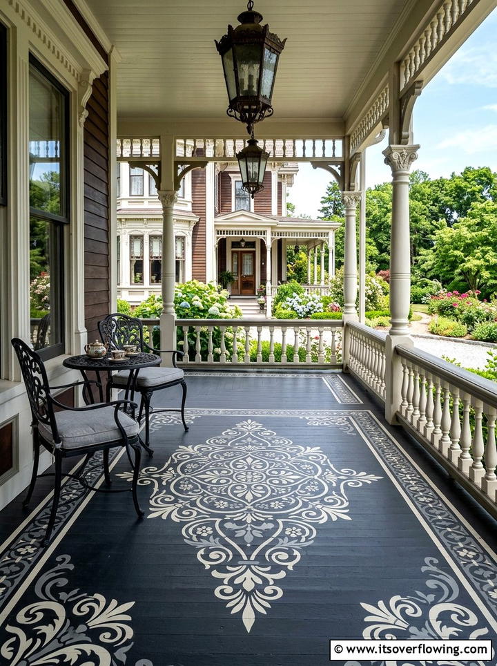 Victorian Medallion Pattern - 25 front porch ideas with stenciled floor