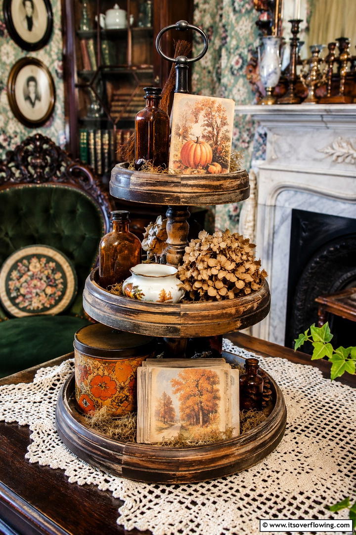 Vintage Autumn Aesthetic - 50 Fall Tiered Tray Decor Ideas for Festive Shelves