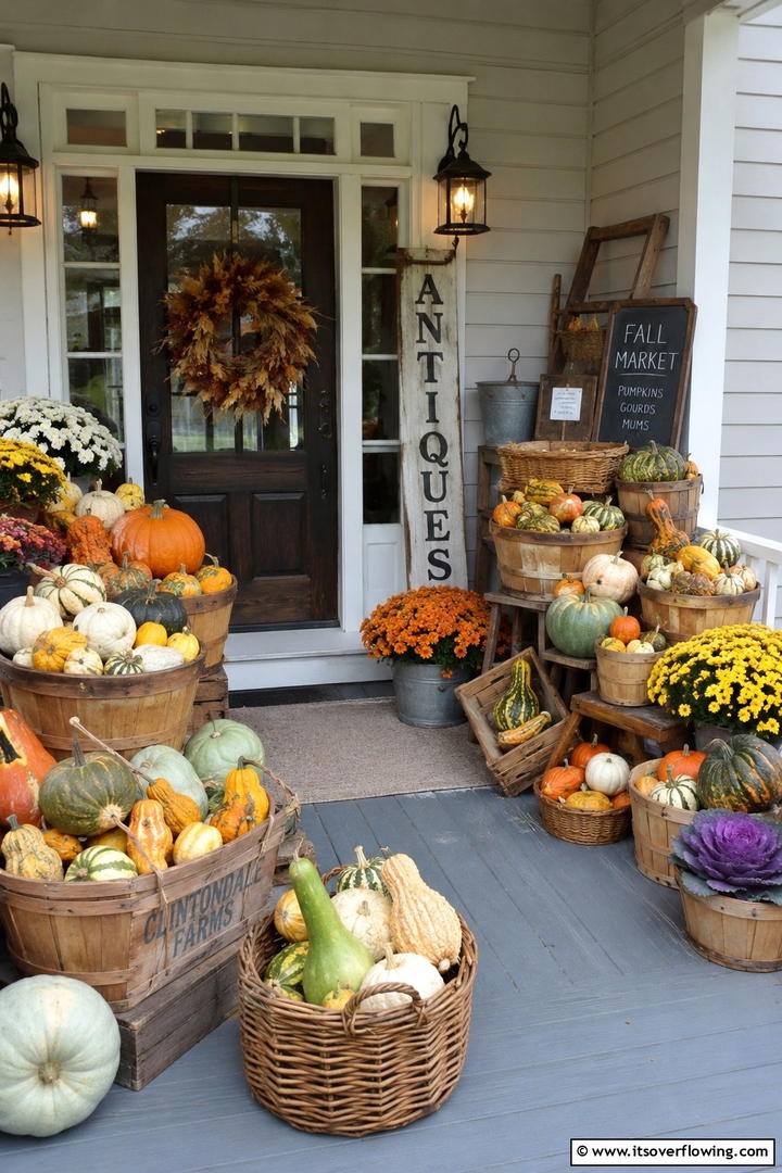 Vintage Basket Pumpkin Display - 50 Fall Front Door Decor Ideas Roundup- Curb Appeal
