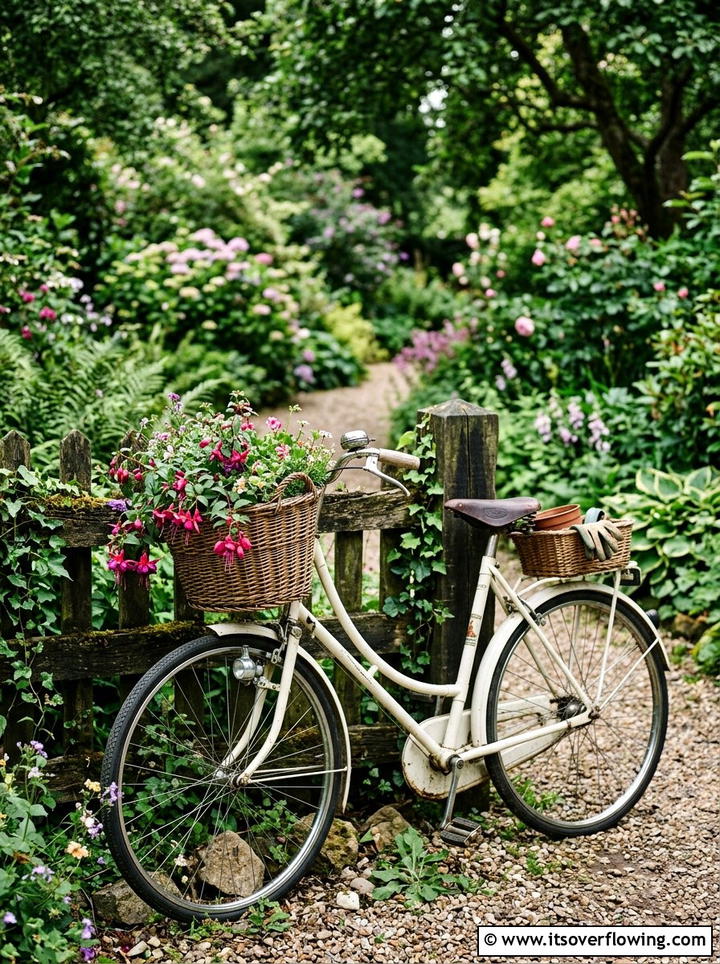 Vintage Bicycle Flower Basket - 25 upcycled garden ideas for shaded spaces