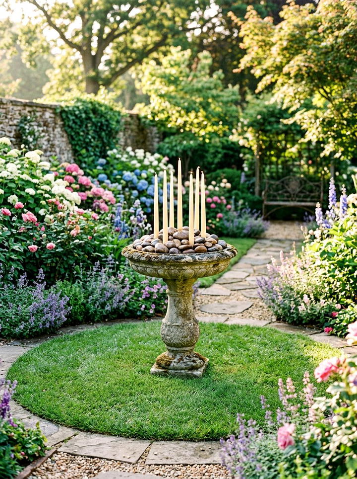 Vintage Bird Bath Candle - 25 backyard decorating ideas with candle holders