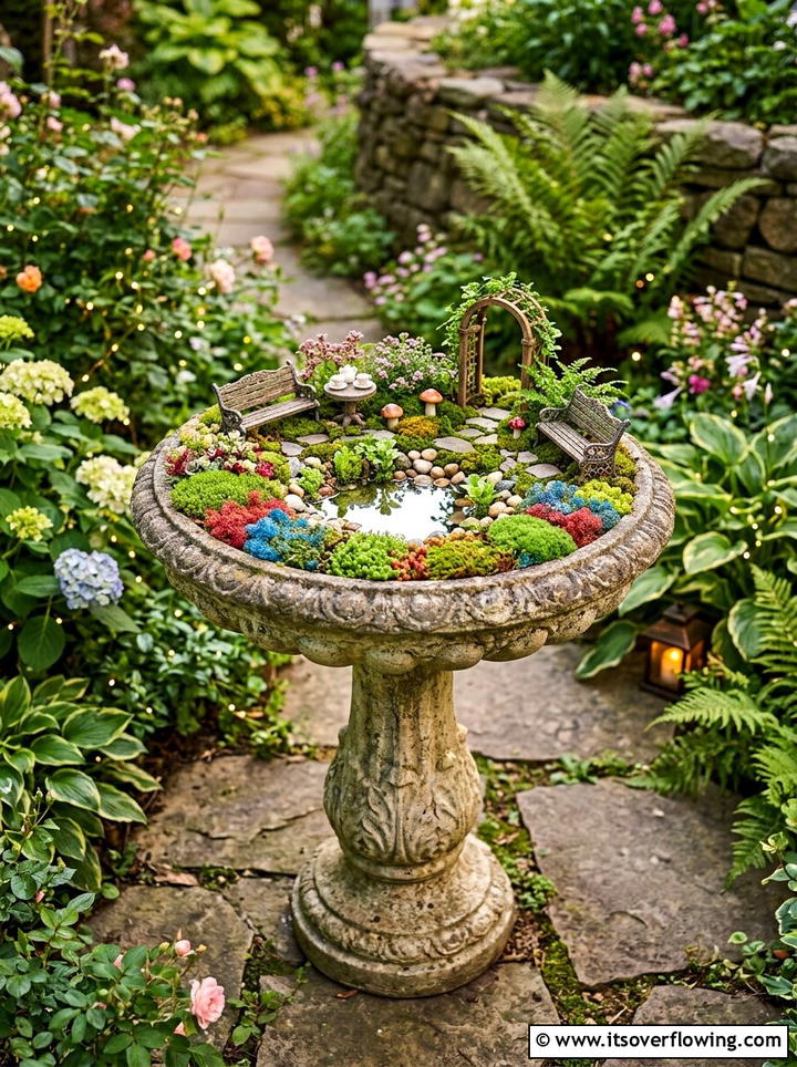 Vintage Birdbath - 25 upcycled garden ideas with fairy gardens