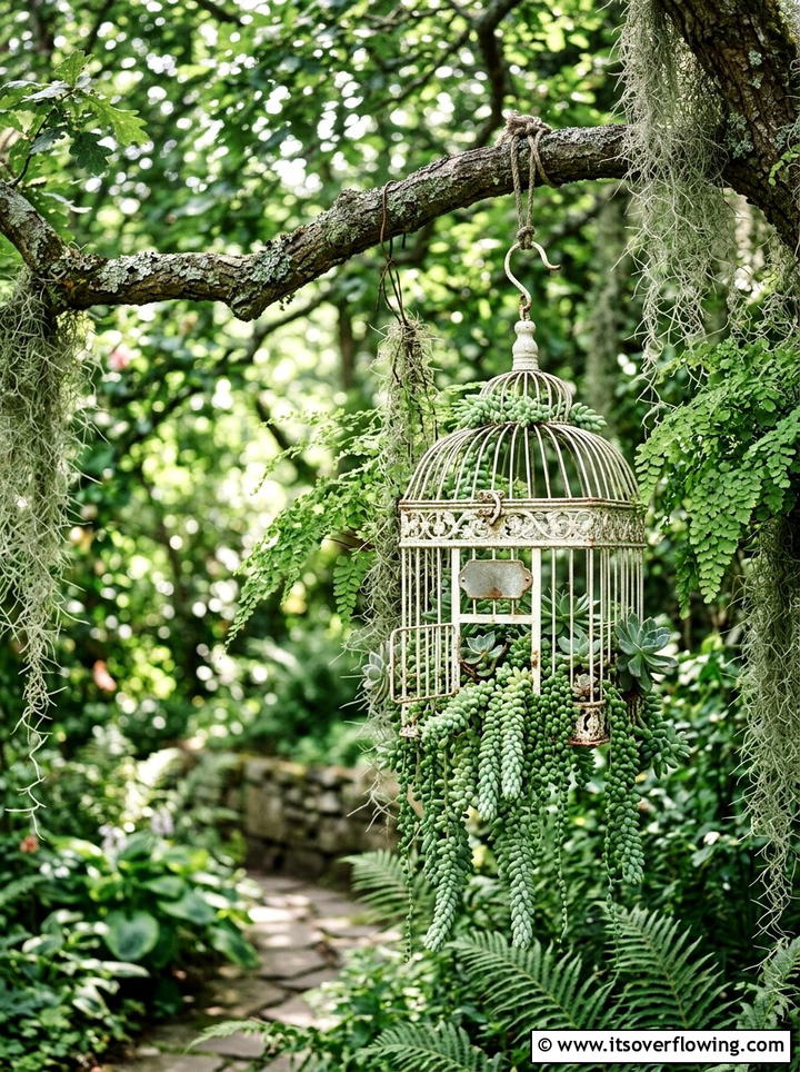 Vintage Birdcage Planter - 25 garden decor ideas with vintage pieces