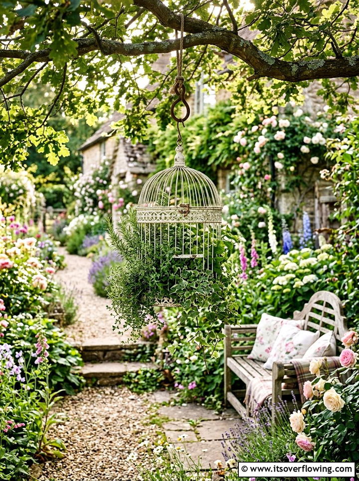Vintage Birdcage Planter - 25 upcycled garden ideas with herb planters