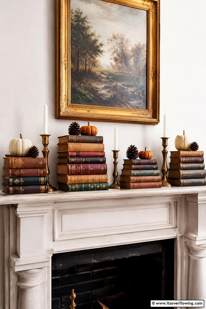 Vintage Book Stack Display - 50 Fall Fireplace Decor Ideas to Warm Autumn Gatherings