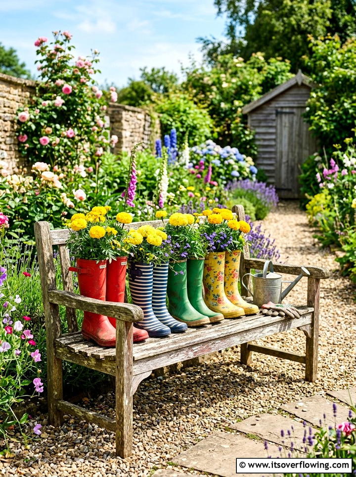 Vintage Boot Garden Display - 25 recycled garden ideas with gutter garden