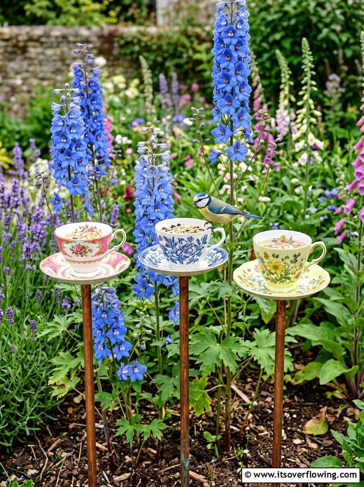 Vintage China Teacup Bird Station - 25 backyard ideas with upcycled decor