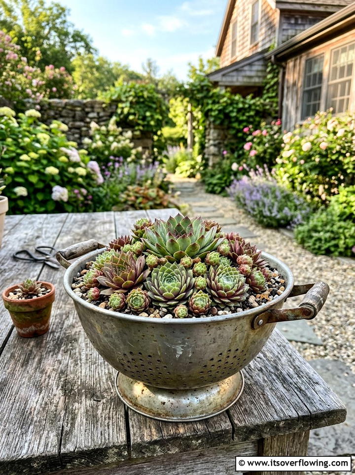 Vintage Colander Succulent Planter - 25 upcycled garden ideas with succulent planters