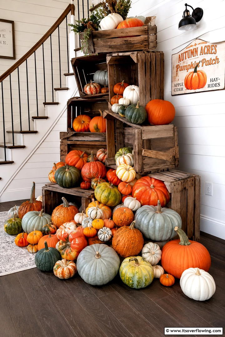 Vintage Crate Pumpkin Storage Display - 50 Fall Pumpkin Decor Ideas for Cozy Autumn Homes Today