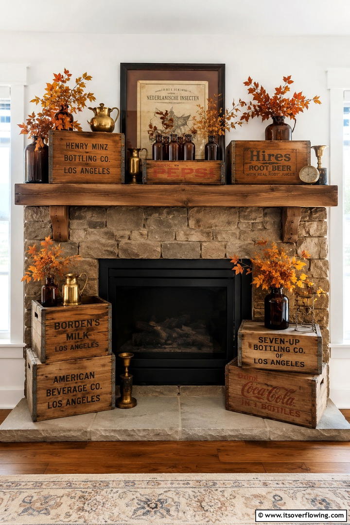 Vintage Crate and Bottle Theme - 50 Fall Fireplace Decor Ideas to Warm Autumn Gatherings