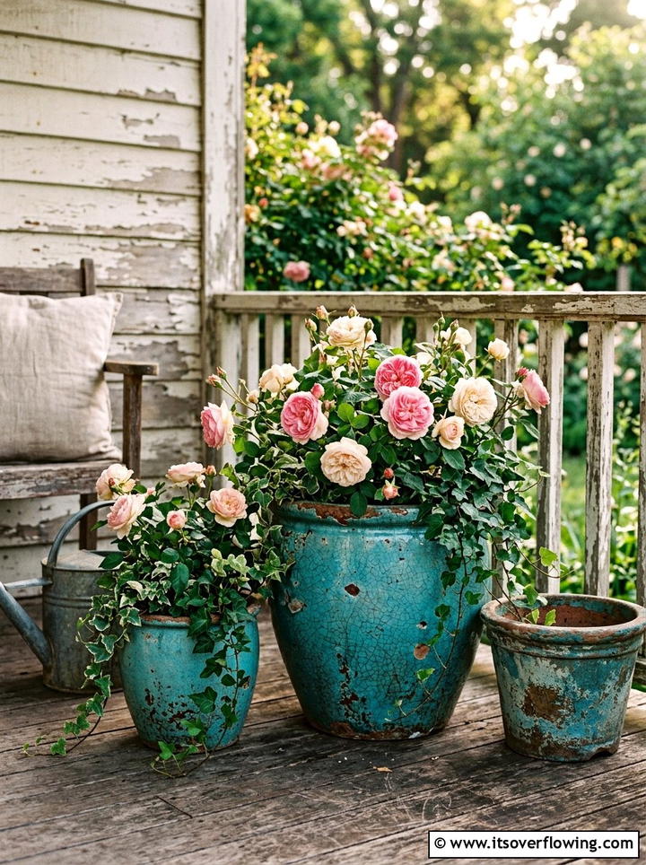 Vintage Distressed Ceramic Pots - 25 front porch ideas with ceramic pots
