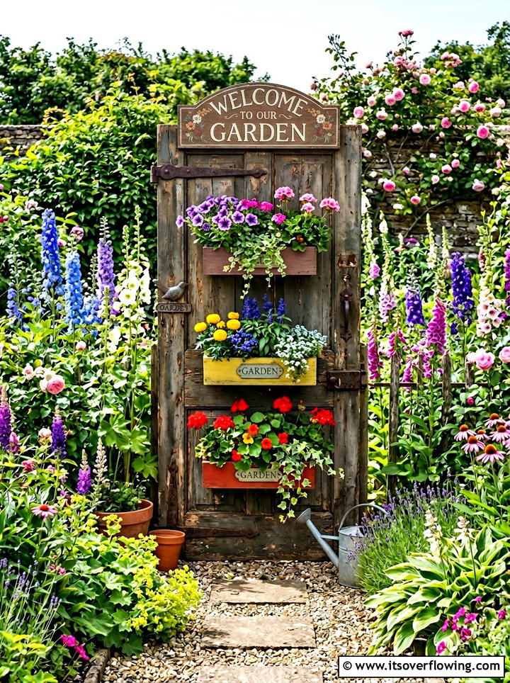 Vintage Door Planter - 25 upcycled garden ideas with garden signs