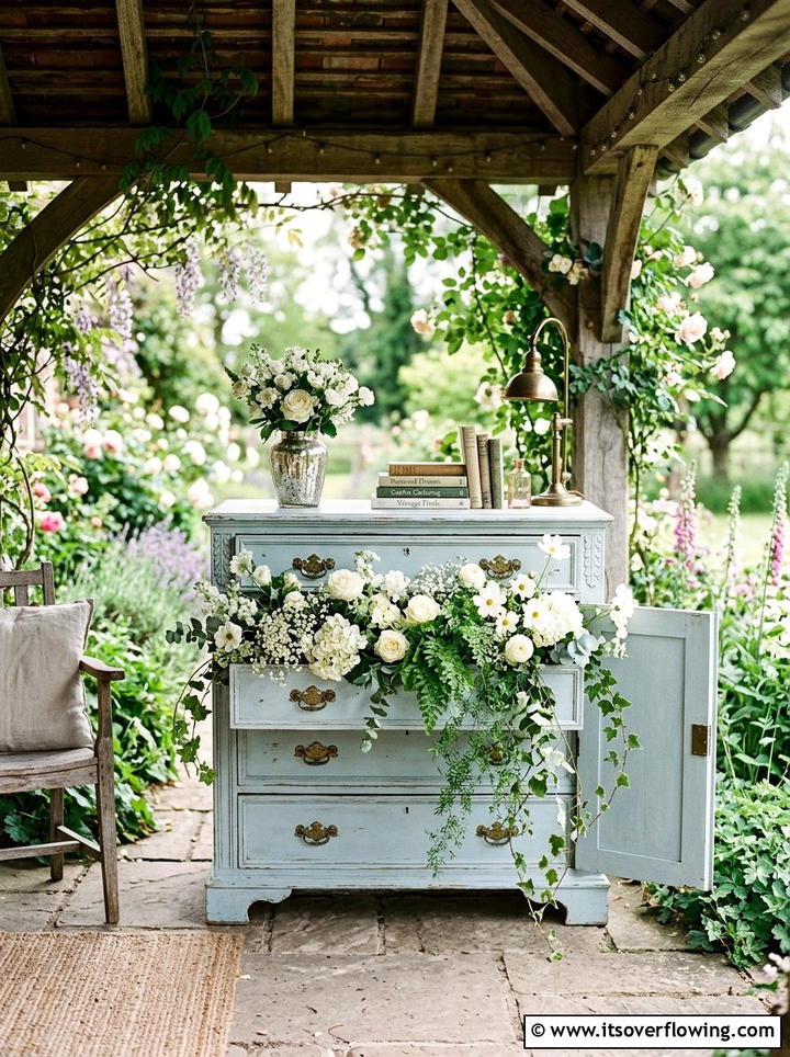 Vintage Dresser Display - 25 backyard ideas with vintage planters