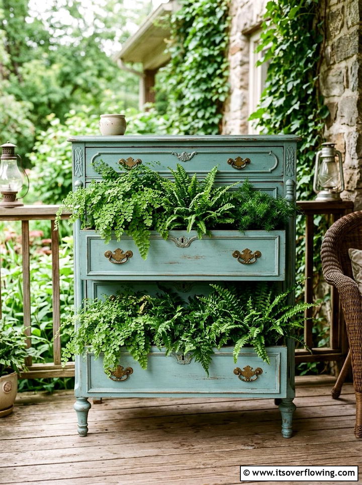 Vintage Dresser Fern Stand - 25 upcycled garden ideas for shaded spaces